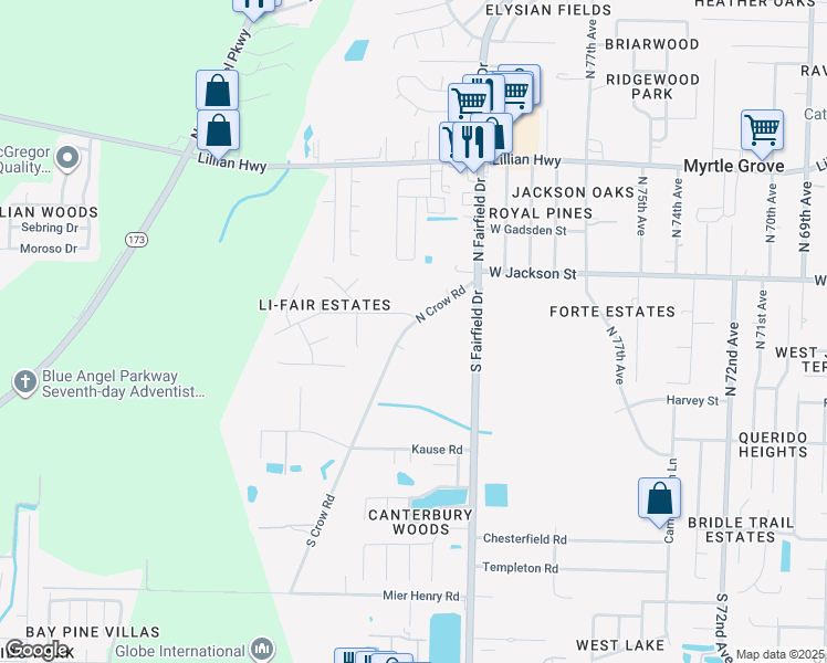 map of restaurants, bars, coffee shops, grocery stores, and more near 380 North Crow Road in Pensacola