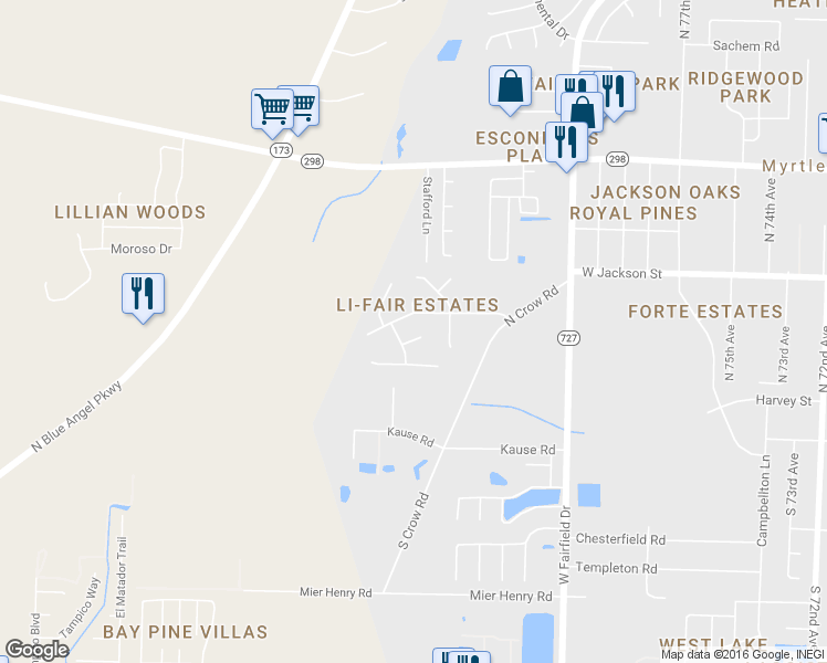 map of restaurants, bars, coffee shops, grocery stores, and more near 444 Belle Chasse Drive in Pensacola