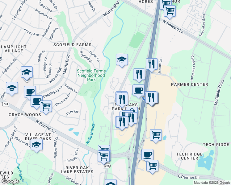 map of restaurants, bars, coffee shops, grocery stores, and more near 12820 N Lamar Blvd in Austin