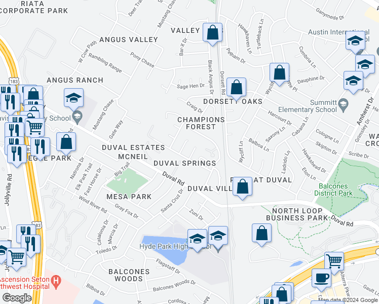 map of restaurants, bars, coffee shops, grocery stores, and more near 4809 Chadbury Cove in Austin