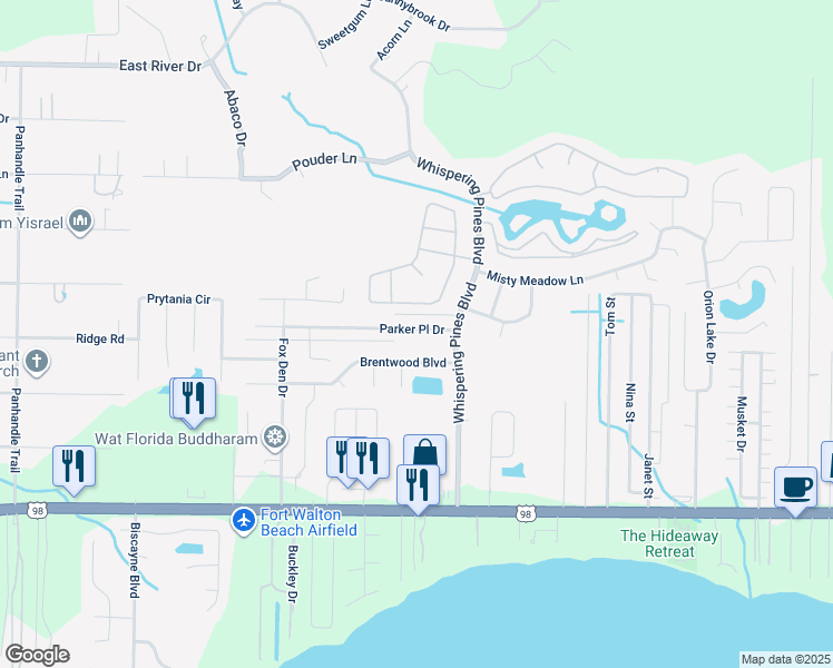 map of restaurants, bars, coffee shops, grocery stores, and more near 9543 Parker Place Drive in Navarre