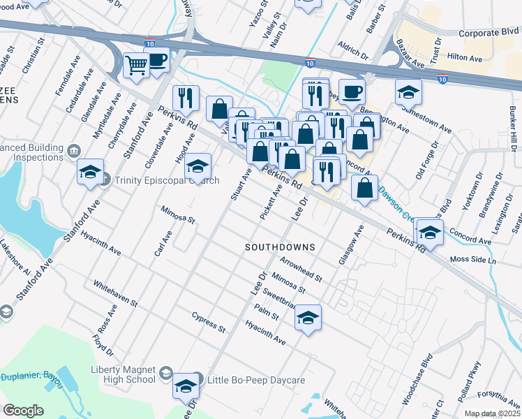 map of restaurants, bars, coffee shops, grocery stores, and more near 4414 Tupello Street in Baton Rouge