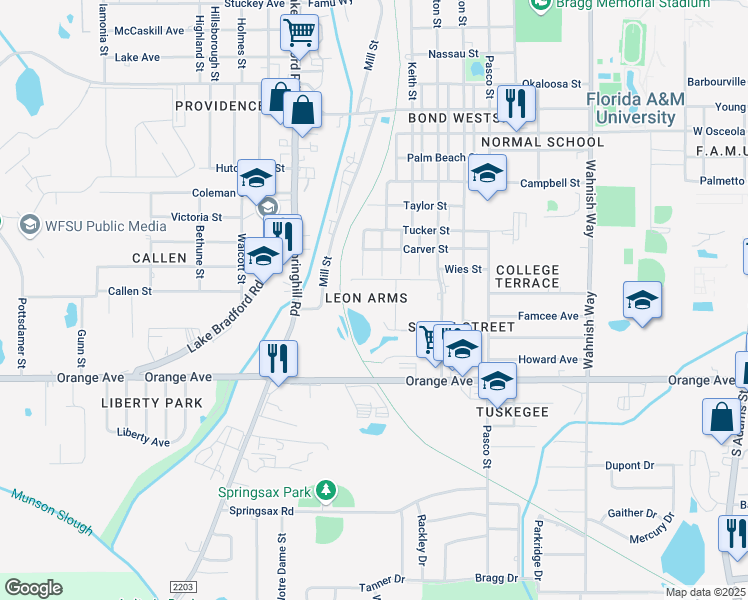 map of restaurants, bars, coffee shops, grocery stores, and more near 2502 Holton Street in Tallahassee