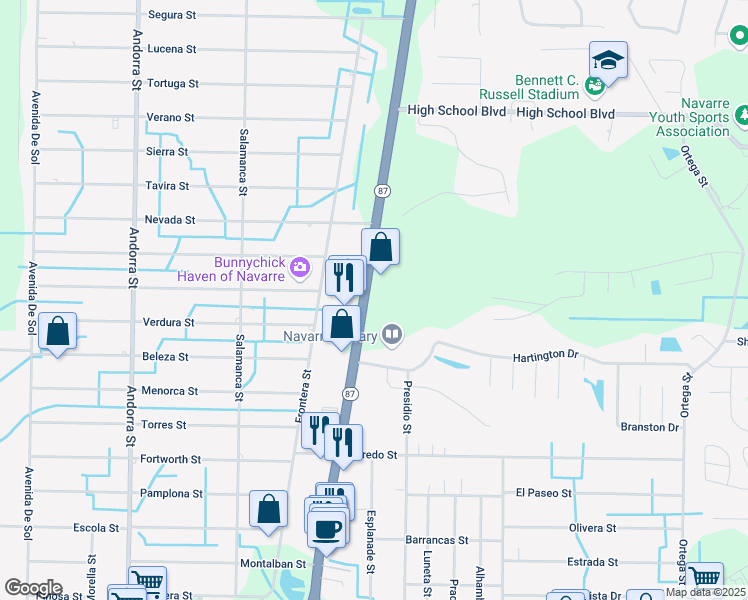 map of restaurants, bars, coffee shops, grocery stores, and more near 2212 Florida 87 in Navarre