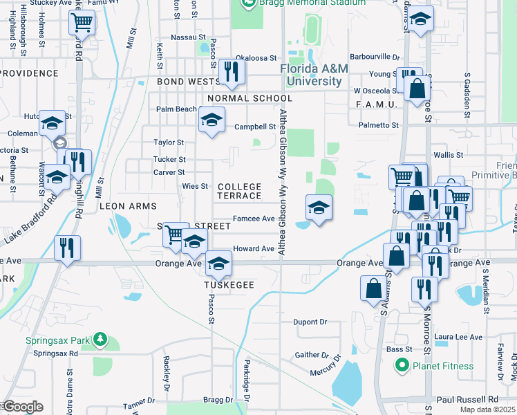 map of restaurants, bars, coffee shops, grocery stores, and more near 601 Gore Avenue in Tallahassee