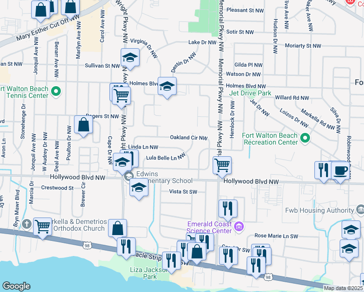map of restaurants, bars, coffee shops, grocery stores, and more near 313 Linda Lane Northwest in Fort Walton Beach