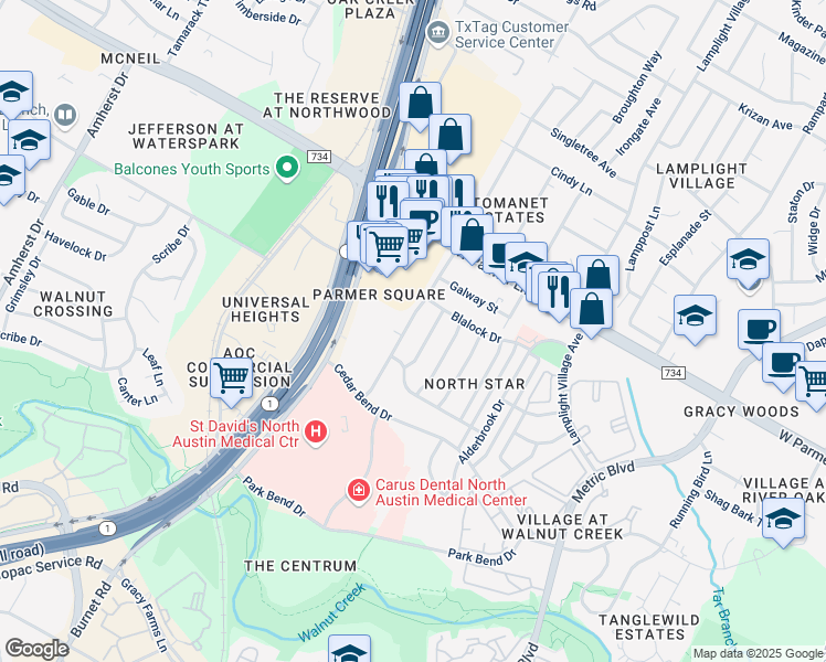 map of restaurants, bars, coffee shops, grocery stores, and more near 12329 Tomanet Trail in Austin