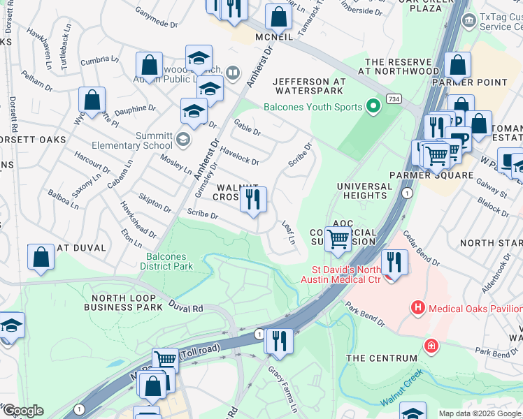 map of restaurants, bars, coffee shops, grocery stores, and more near 12203 Forsythe Drive in Austin
