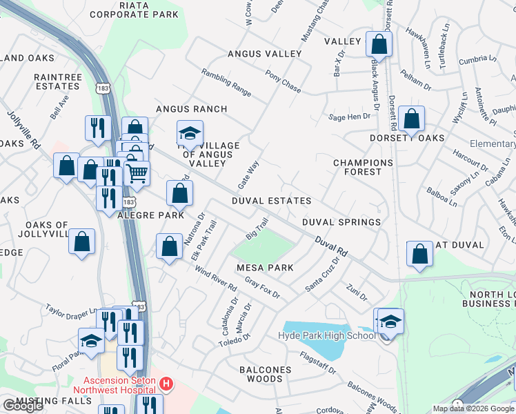 map of restaurants, bars, coffee shops, grocery stores, and more near 5001 Duval Road in Austin