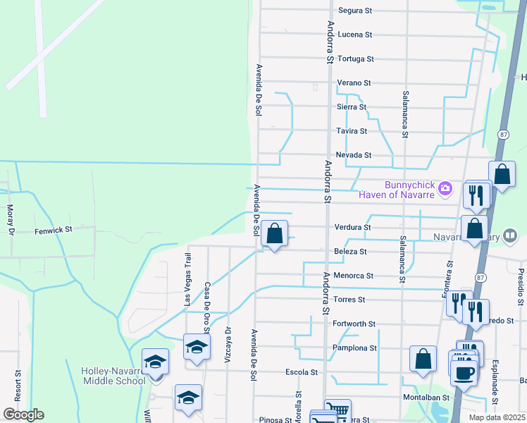 map of restaurants, bars, coffee shops, grocery stores, and more near 2210 Avenida De Sol in Navarre