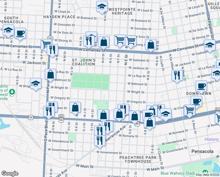 map of restaurants, bars, coffee shops, grocery stores, and more near 1220 West Wright Street in Pensacola