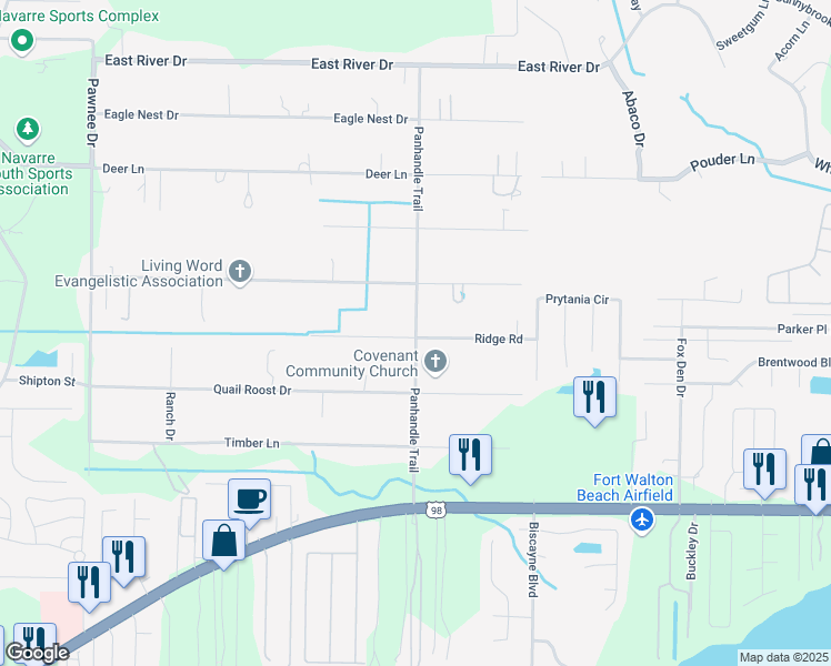 map of restaurants, bars, coffee shops, grocery stores, and more near 2241 Panhandle Trail in Navarre