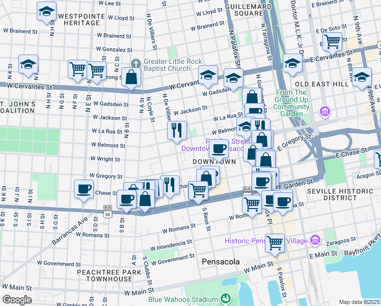 map of restaurants, bars, coffee shops, grocery stores, and more near 401 West Wright Street in Pensacola
