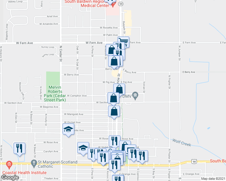 map of restaurants, bars, coffee shops, grocery stores, and more near 901 North McKenzie Street in Foley