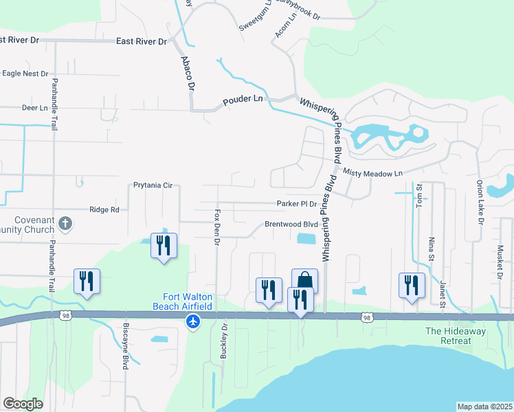 map of restaurants, bars, coffee shops, grocery stores, and more near 9491 Parker Place Drive in Navarre