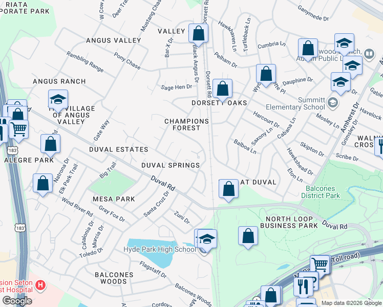 map of restaurants, bars, coffee shops, grocery stores, and more near 4501 Whispering Valley Drive in Austin