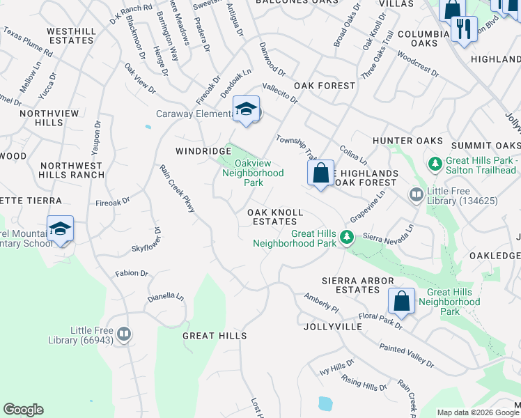 map of restaurants, bars, coffee shops, grocery stores, and more near 6801 Manzanita Street in Austin