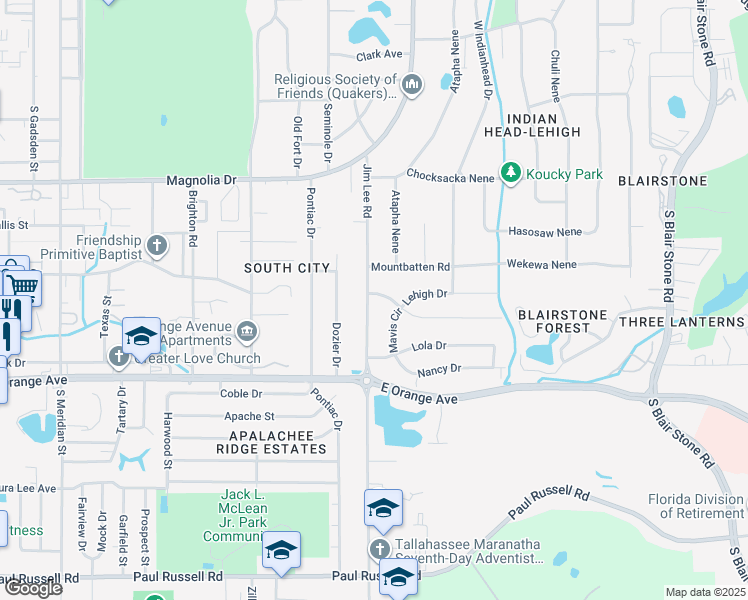 map of restaurants, bars, coffee shops, grocery stores, and more near 2338 Jim Lee Road in Tallahassee