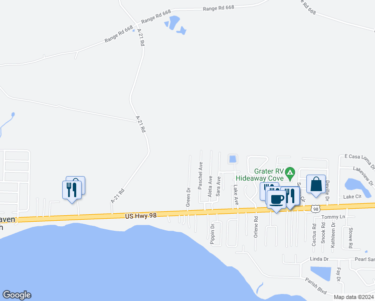 map of restaurants, bars, coffee shops, grocery stores, and more near 99 Green Drive in Mary Esther