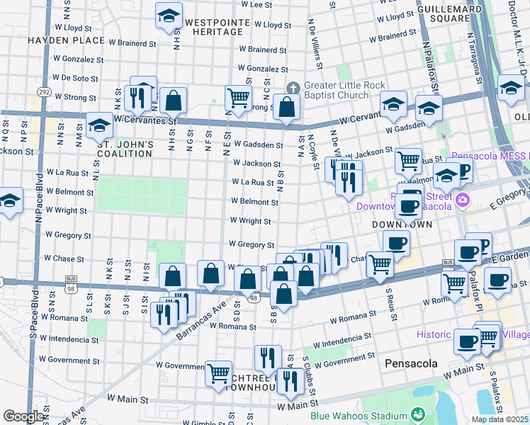 map of restaurants, bars, coffee shops, grocery stores, and more near 310 North C Street in Pensacola