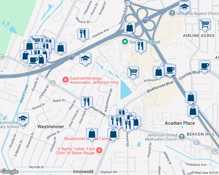 map of restaurants, bars, coffee shops, grocery stores, and more near 9322 Blueridge Street in Baton Rouge