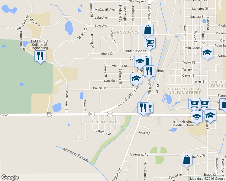 map of restaurants, bars, coffee shops, grocery stores, and more near 1409 Callen Street in Tallahassee