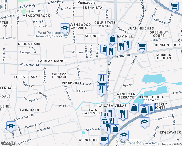 map of restaurants, bars, coffee shops, grocery stores, and more near 4782 Eva Drive in Pensacola
