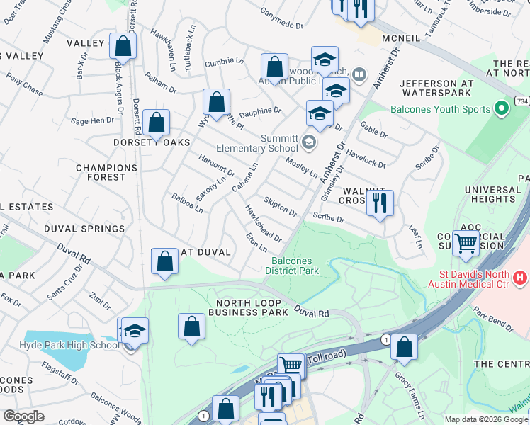 map of restaurants, bars, coffee shops, grocery stores, and more near 3810 Tarragona Lane in Austin