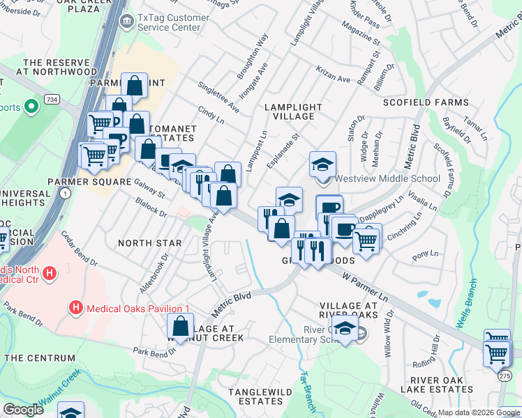 map of restaurants, bars, coffee shops, grocery stores, and more near 12505 Esplanade Street in Austin