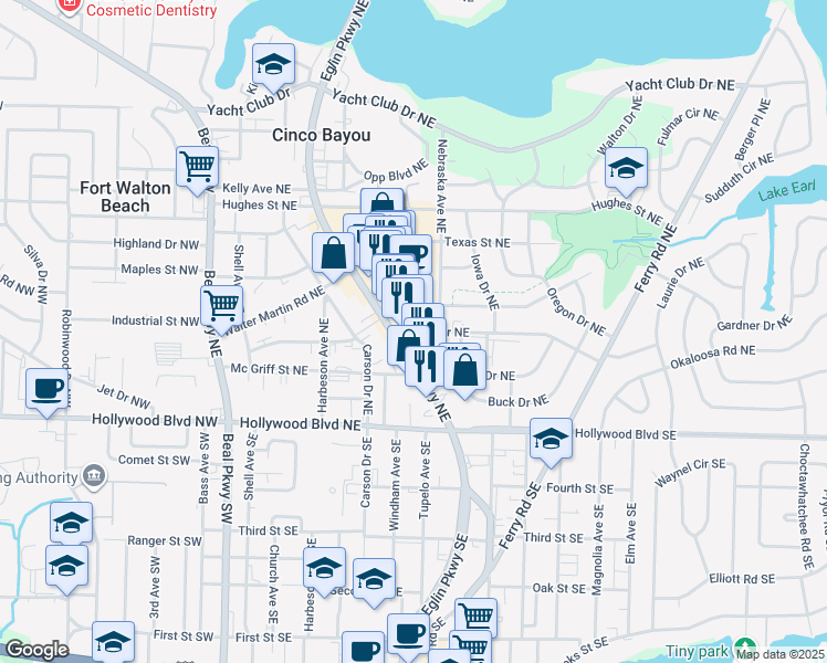 map of restaurants, bars, coffee shops, grocery stores, and more near 119 Staff Drive Northeast in Fort Walton Beach