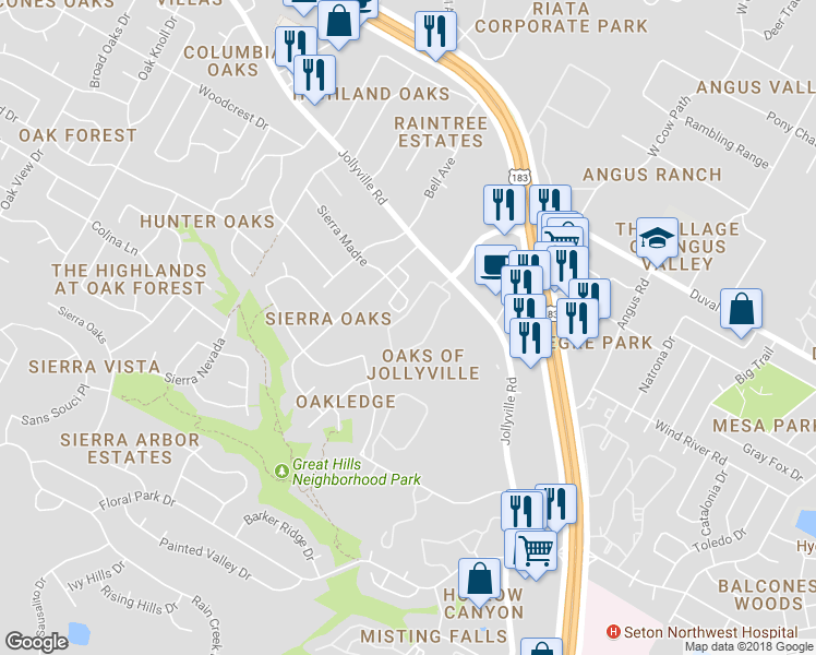 map of restaurants, bars, coffee shops, grocery stores, and more near 11604 Jollyville Road in Austin