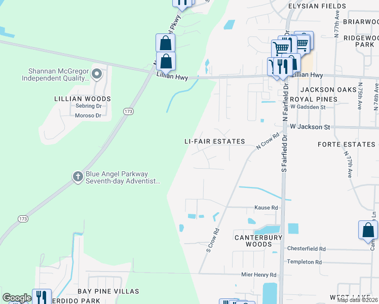 map of restaurants, bars, coffee shops, grocery stores, and more near 8238 Li Fair Drive in Pensacola
