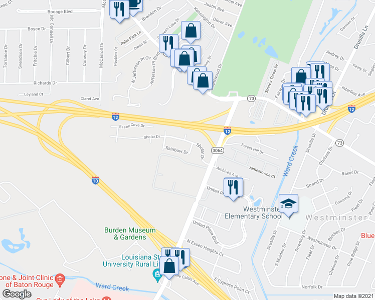 map of restaurants, bars, coffee shops, grocery stores, and more near 8273 Rainbow Drive in Baton Rouge