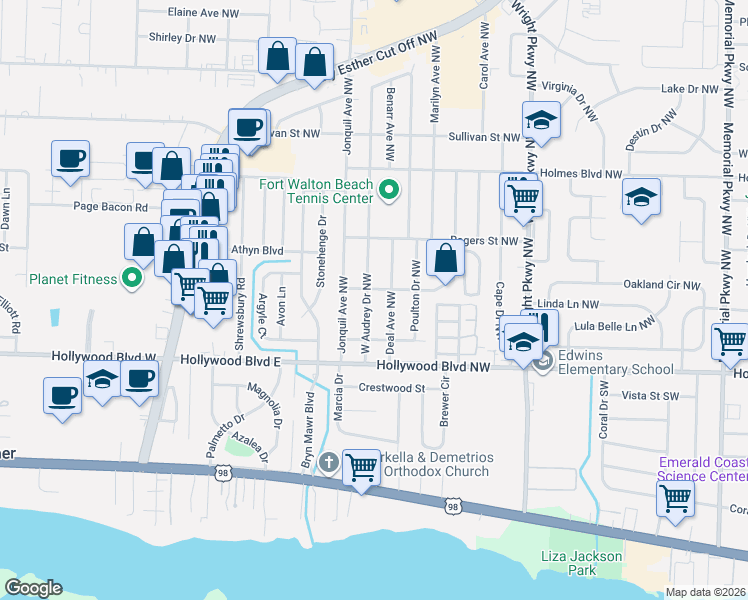 map of restaurants, bars, coffee shops, grocery stores, and more near 19 West Audrey Drive Northwest in Fort Walton Beach