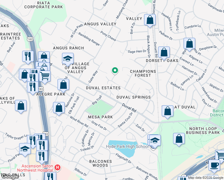 map of restaurants, bars, coffee shops, grocery stores, and more near 4716 Duval Road in Austin