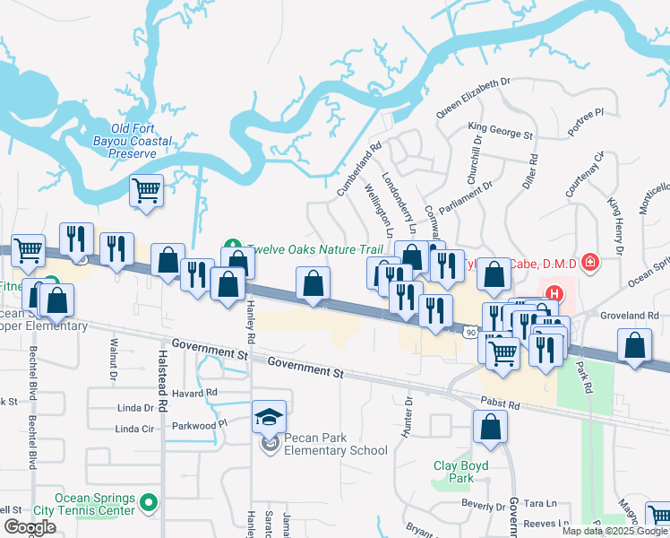 map of restaurants, bars, coffee shops, grocery stores, and more near 1108 Bristol Boulevard in Ocean Springs