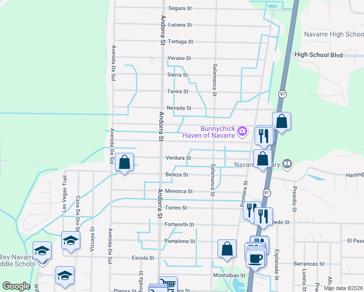 map of restaurants, bars, coffee shops, grocery stores, and more near 8257 Mercado Street in Navarre