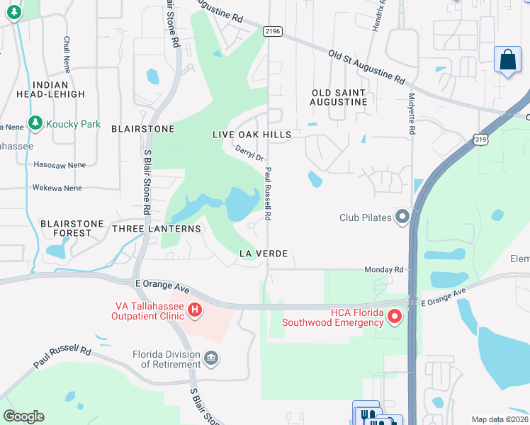 map of restaurants, bars, coffee shops, grocery stores, and more near 1970 Nicklaus Drive in Tallahassee