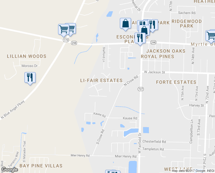 map of restaurants, bars, coffee shops, grocery stores, and more near 431 Chanterelle Drive in Pensacola