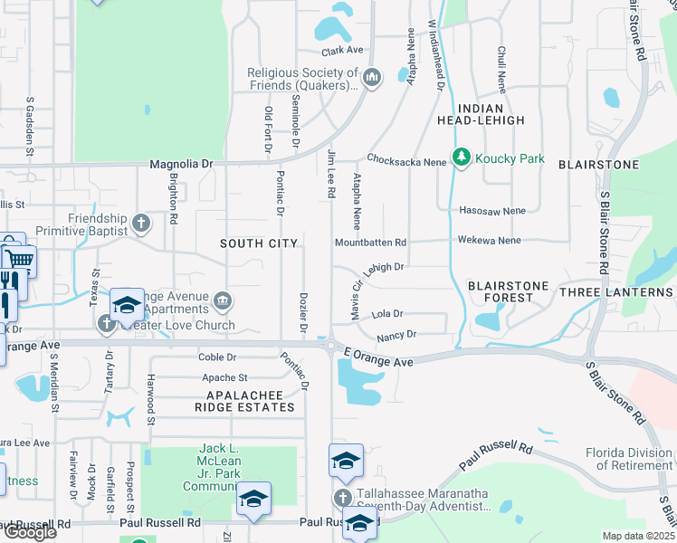 map of restaurants, bars, coffee shops, grocery stores, and more near 2338 Jim Lee Road in Tallahassee