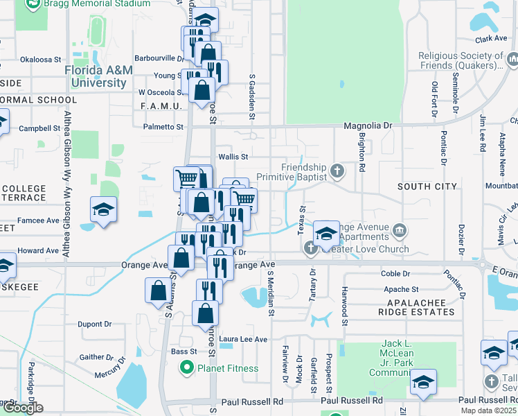 map of restaurants, bars, coffee shops, grocery stores, and more near 2508 South Meridian Street in Tallahassee