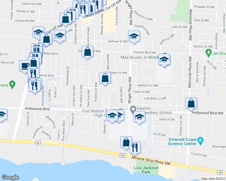 map of restaurants, bars, coffee shops, grocery stores, and more near 359 Canterbury Cir NW in Fort Walton Beach