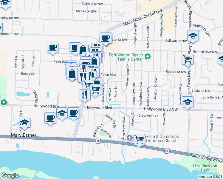 map of restaurants, bars, coffee shops, grocery stores, and more near 400 Argyle Court in Mary Esther