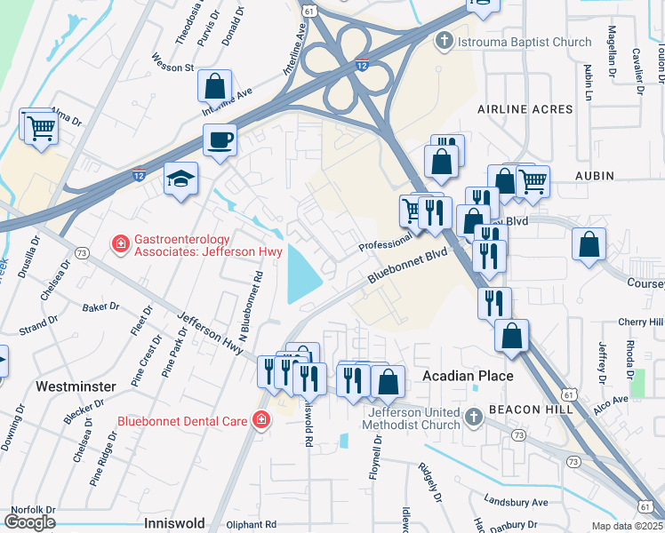 map of restaurants, bars, coffee shops, grocery stores, and more near 9854 Professional Boulevard in Baton Rouge
