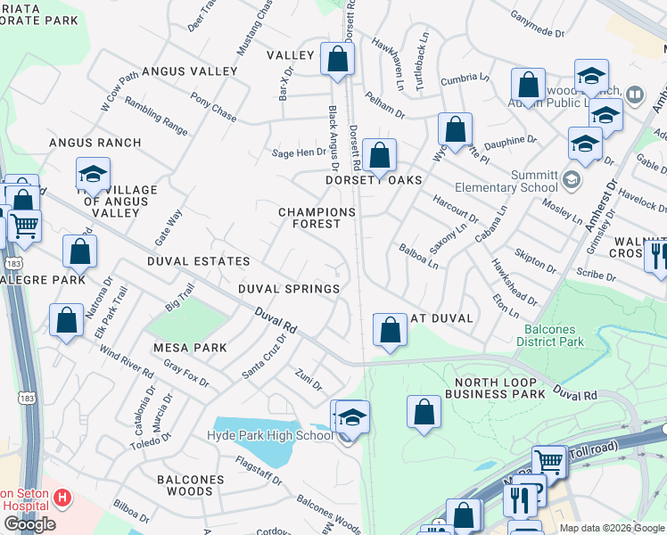 map of restaurants, bars, coffee shops, grocery stores, and more near 4501 Whispering Valley Drive in Austin