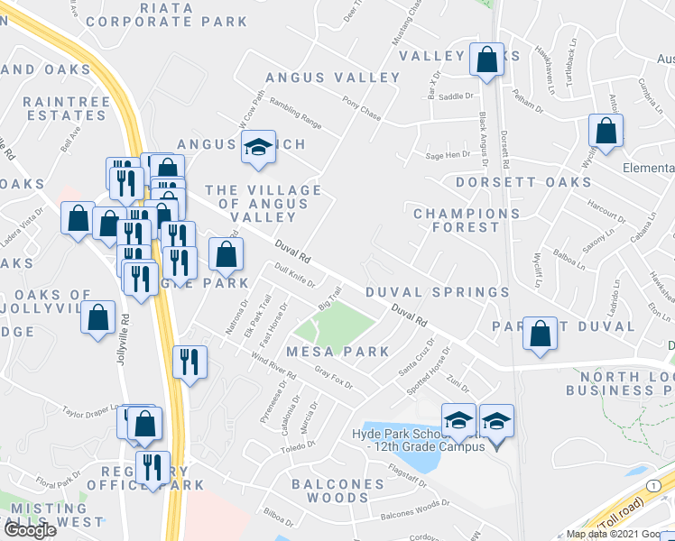 map of restaurants, bars, coffee shops, grocery stores, and more near 4808 Duval Road in Austin
