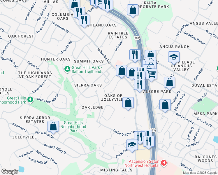 map of restaurants, bars, coffee shops, grocery stores, and more near 11604 Jollyville Road in Austin