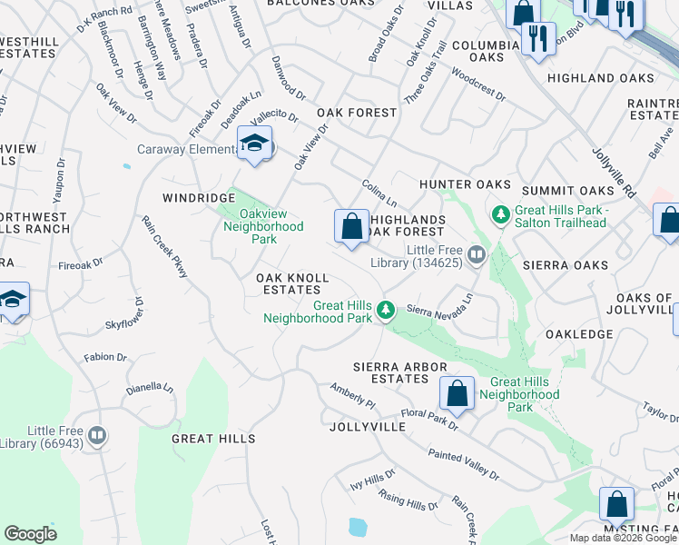 map of restaurants, bars, coffee shops, grocery stores, and more near 10815 Sans Souci Place in Austin