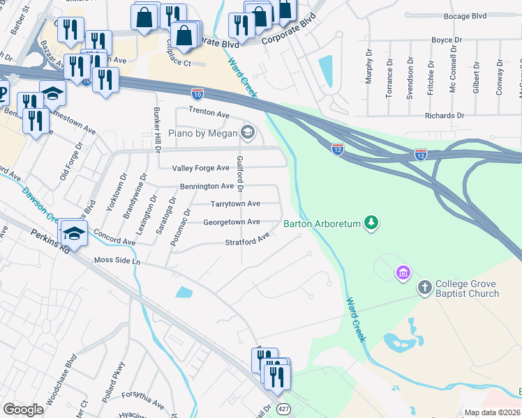 map of restaurants, bars, coffee shops, grocery stores, and more near 5824 Tarrytown Avenue in Baton Rouge