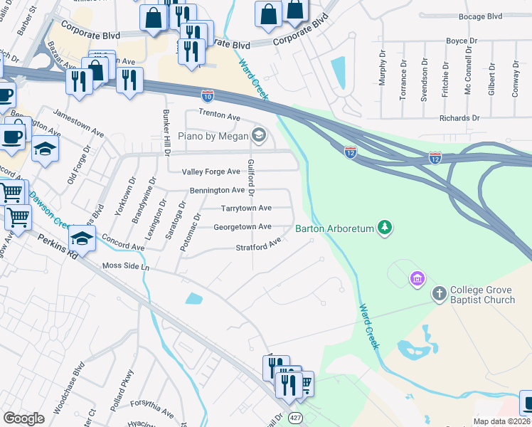 map of restaurants, bars, coffee shops, grocery stores, and more near 5824 Tarrytown Avenue in Baton Rouge